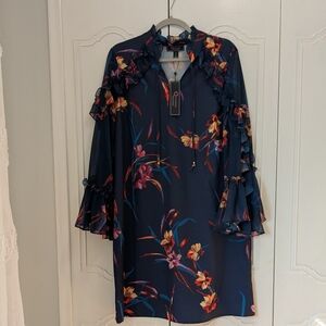 Christian Siriano Ruffled Blue and Orange Stunning Dress V Neck Size L
